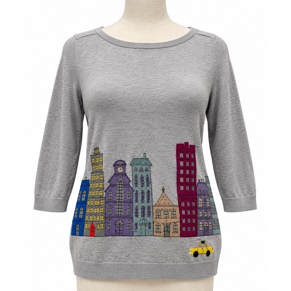 Talbots Petite Cityscape Embroidered Sweater Gray 3/4 Sleeve Cotton Rayon SP